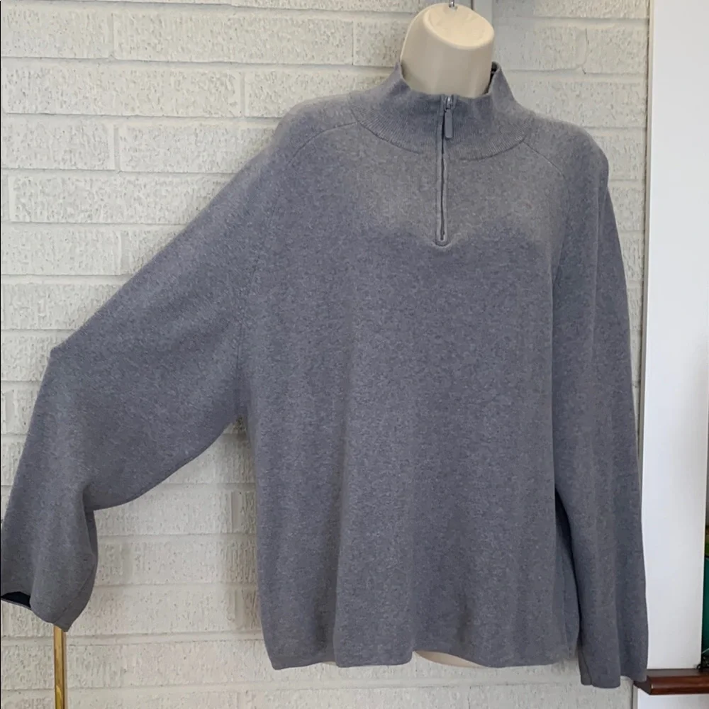 Brandini Men's 100% Cotton XL Gray Knit Sweater 1/4 Zip Pullover Navy Trim EUC